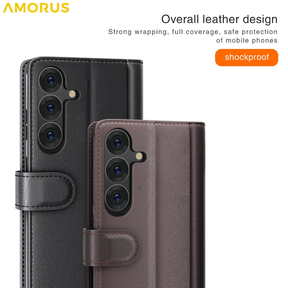AMORUS For Samsung Galaxy S26 Stand Cases Calf Texture Genuine Split Leather Wallet Phone Cover
