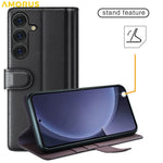 AMORUS For Samsung Galaxy S26 Stand Cases Calf Texture Genuine Split Leather Wallet Phone Cover