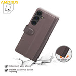 AMORUS For Samsung Galaxy S26 Stand Cases Calf Texture Genuine Split Leather Wallet Phone Cover