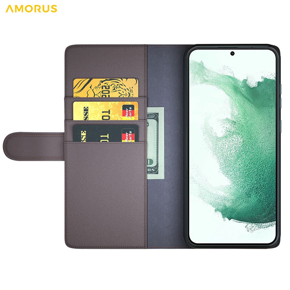 AMORUS For Samsung Galaxy S23+ Stand Cases Calf Texture Genuine Split Leather Wallet Phone Cover