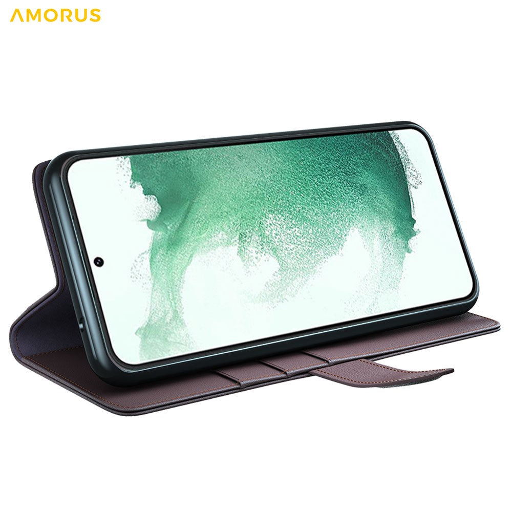 AMORUS til Samsung Galaxy S23+ stativetuier kalvetekstur ægte spaltelæder pung telefoncover