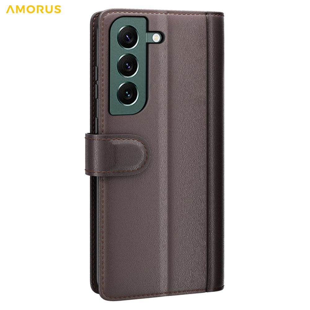 AMORUS For Samsung Galaxy S23+ Stand Cases Calf Texture Genuine Split Leather Wallet Phone Cover