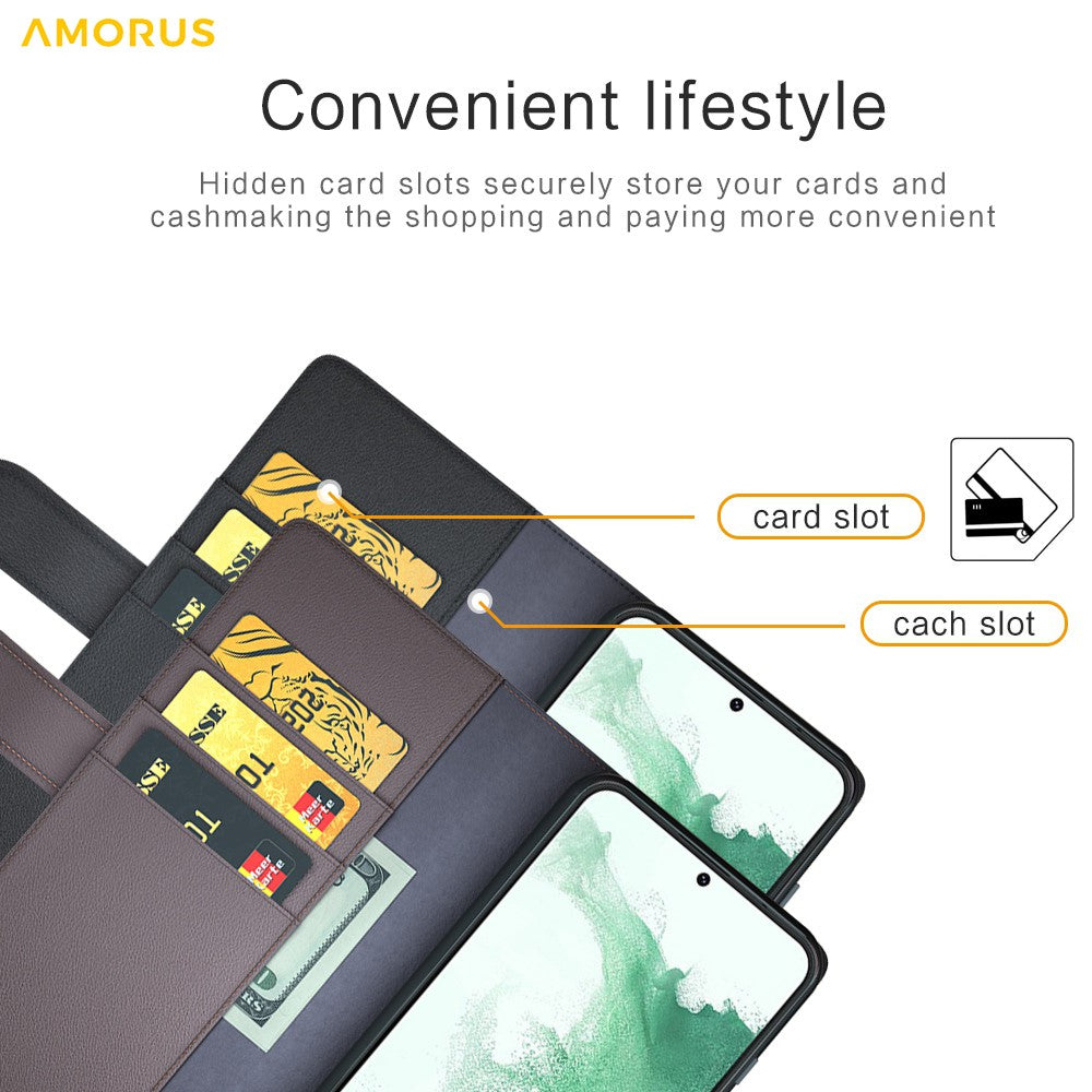 AMORUS For Samsung Galaxy S23 Stand Cases Calf Texture Genuine Split Leather Wallet Phone Cover