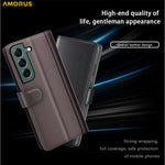 AMORUS For Samsung Galaxy S23 Stand Cases Calf Texture Genuine Split Leather Wallet Phone Cover