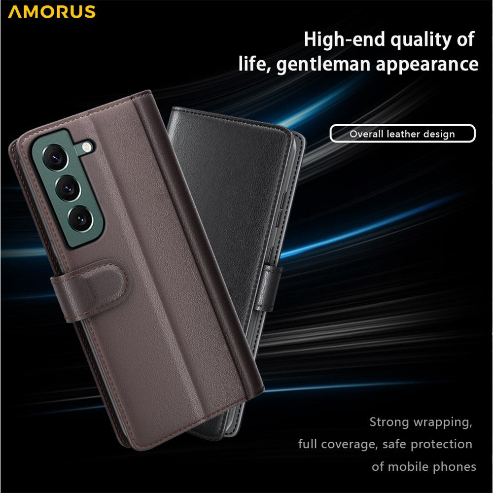 AMORUS For Samsung Galaxy S23 Stand Cases Calf Texture Genuine Split Leather Wallet Phone Cover