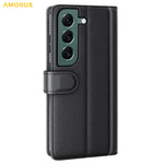 AMORUS For Samsung Galaxy S23 Stand Cases Calf Texture Genuine Split Leather Wallet Phone Cover