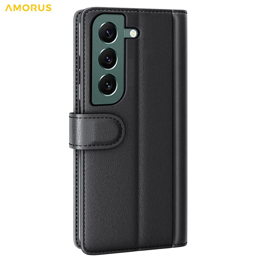 AMORUS For Samsung Galaxy S23 Stand Cases Calf Texture Genuine Split Leather Wallet Phone Cover
