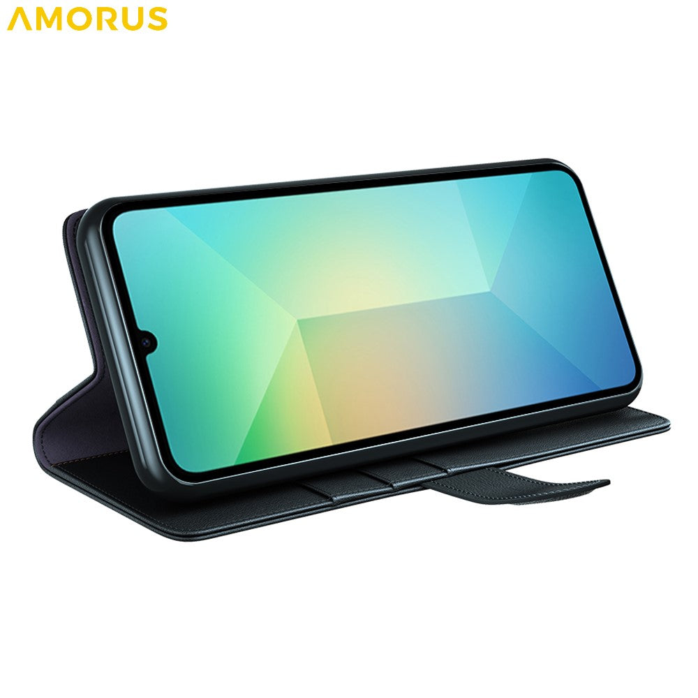 AMORUS For Samsung Galaxy A08 5G / A08 4G / A07 4G Stand Cases Calf Texture Genuine Split Leather Wallet Phone Cover