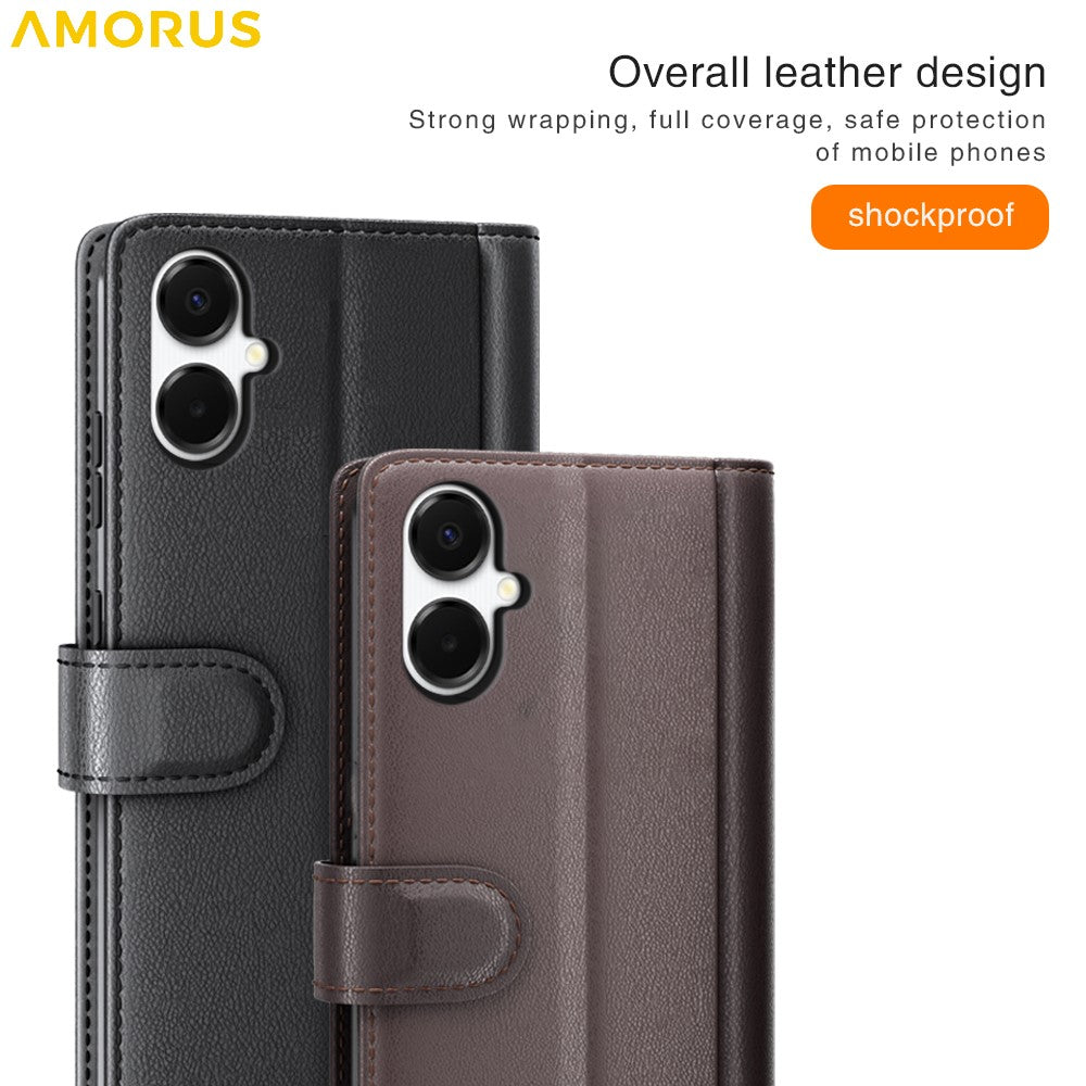 AMORUS For Samsung Galaxy A08 5G / A08 4G / A07 4G Stand Cases Calf Texture Genuine Split Leather Wallet Phone Cover