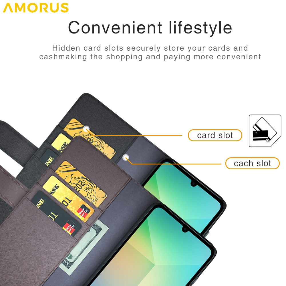 AMORUS For Samsung Galaxy A08 5G / A08 4G / A07 4G Stand Cases Calf Texture Genuine Split Leather Wallet Phone Cover