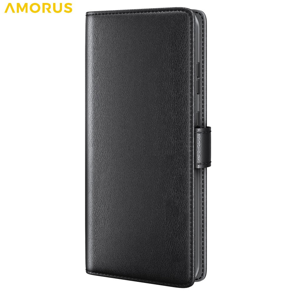 AMORUS For Samsung Galaxy S23 FE Stand Cases Calf Texture Genuine Split Leather Wallet Phone Cover