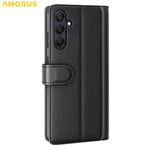 AMORUS For Samsung Galaxy S23 FE Stand Cases Calf Texture Genuine Split Leather Wallet Phone Cover