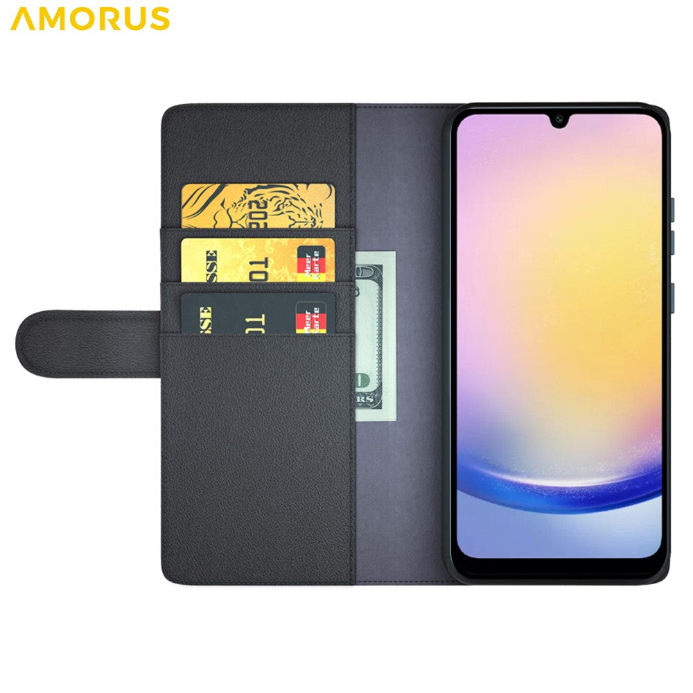 AMORUS For Samsung Galaxy S23 FE Stand Cases Calf Texture Genuine Split Leather Wallet Phone Cover