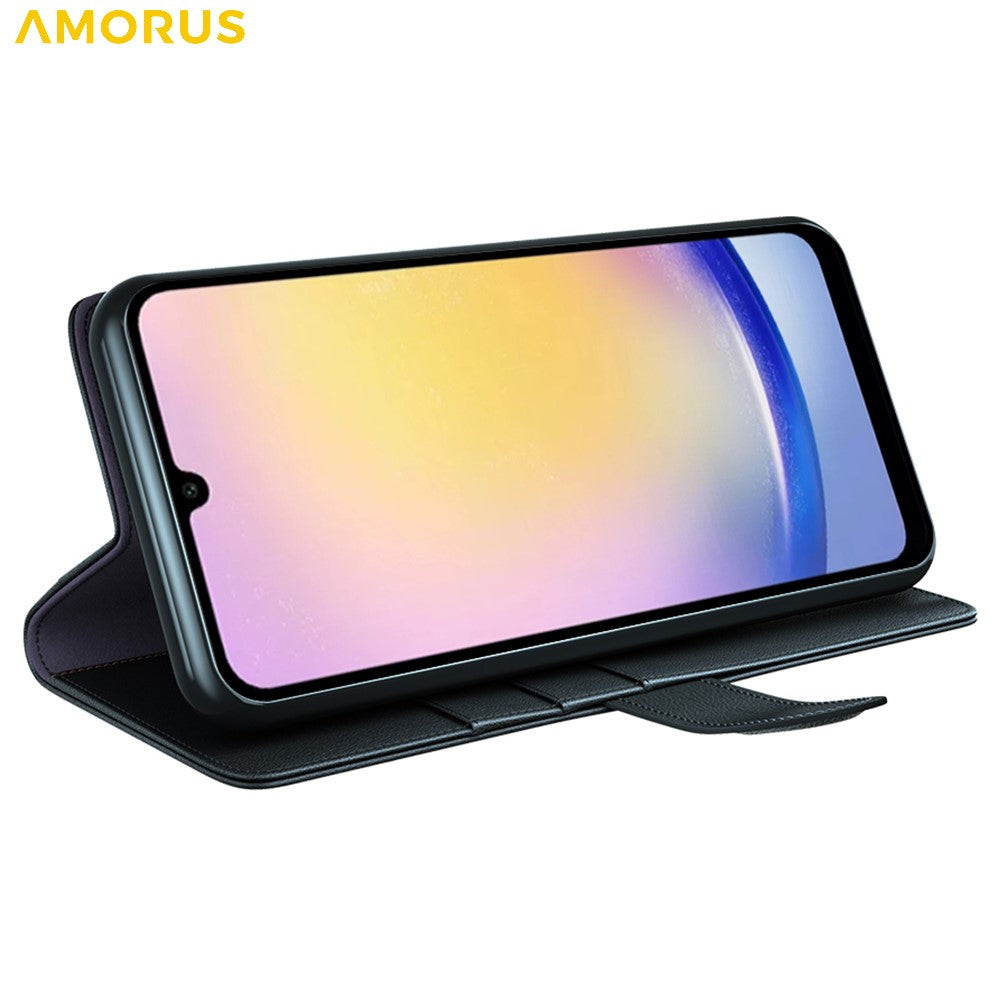 AMORUS For Samsung Galaxy S23 FE Stand Cases Calf Texture Genuine Split Leather Wallet Phone Cover