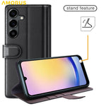 AMORUS For Samsung Galaxy S23 FE Stand Cases Calf Texture Genuine Split Leather Wallet Phone Cover