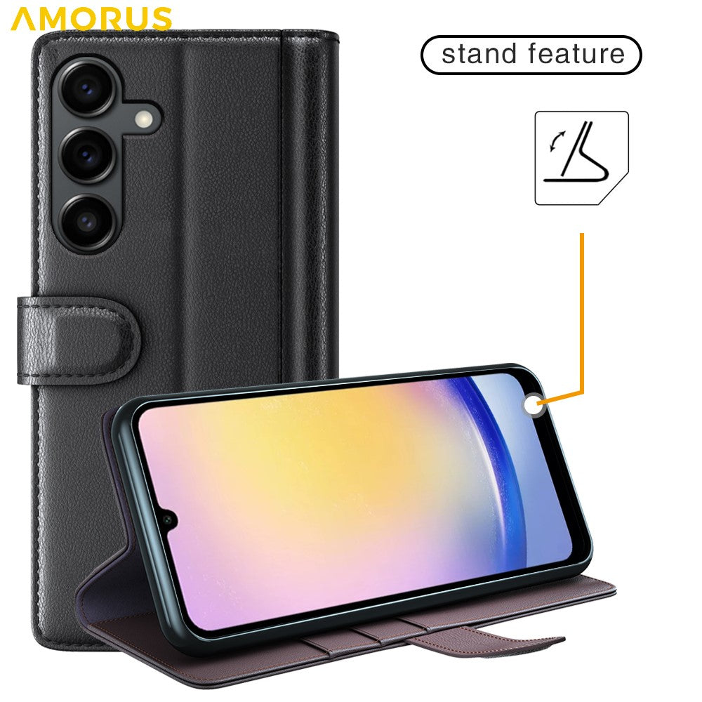 AMORUS For Samsung Galaxy S23 FE Stand Cases Calf Texture Genuine Split Leather Wallet Phone Cover