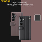 AMORUS For Samsung Galaxy S23 FE Stand Cases Calf Texture Genuine Split Leather Wallet Phone Cover