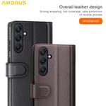 AMORUS For Samsung Galaxy S23 FE Stand Cases Calf Texture Genuine Split Leather Wallet Phone Cover