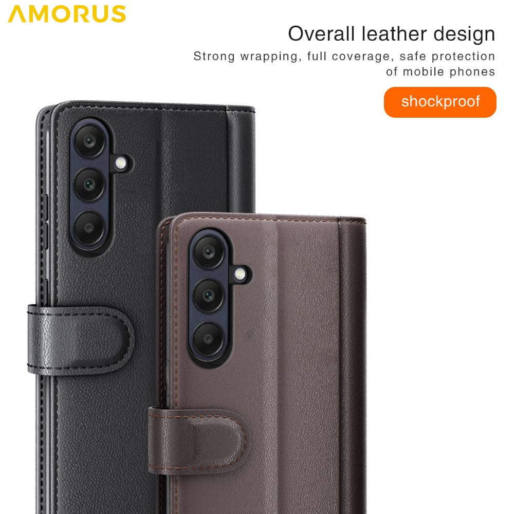 AMORUS For Samsung Galaxy S23 FE Stand Cases Calf Texture Genuine Split Leather Wallet Phone Cover