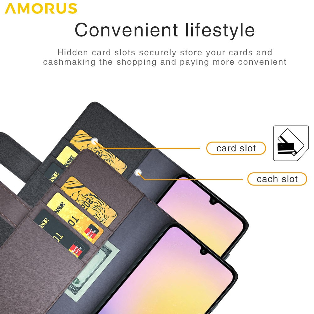AMORUS For Samsung Galaxy S23 FE Stand Cases Calf Texture Genuine Split Leather Wallet Phone Cover
