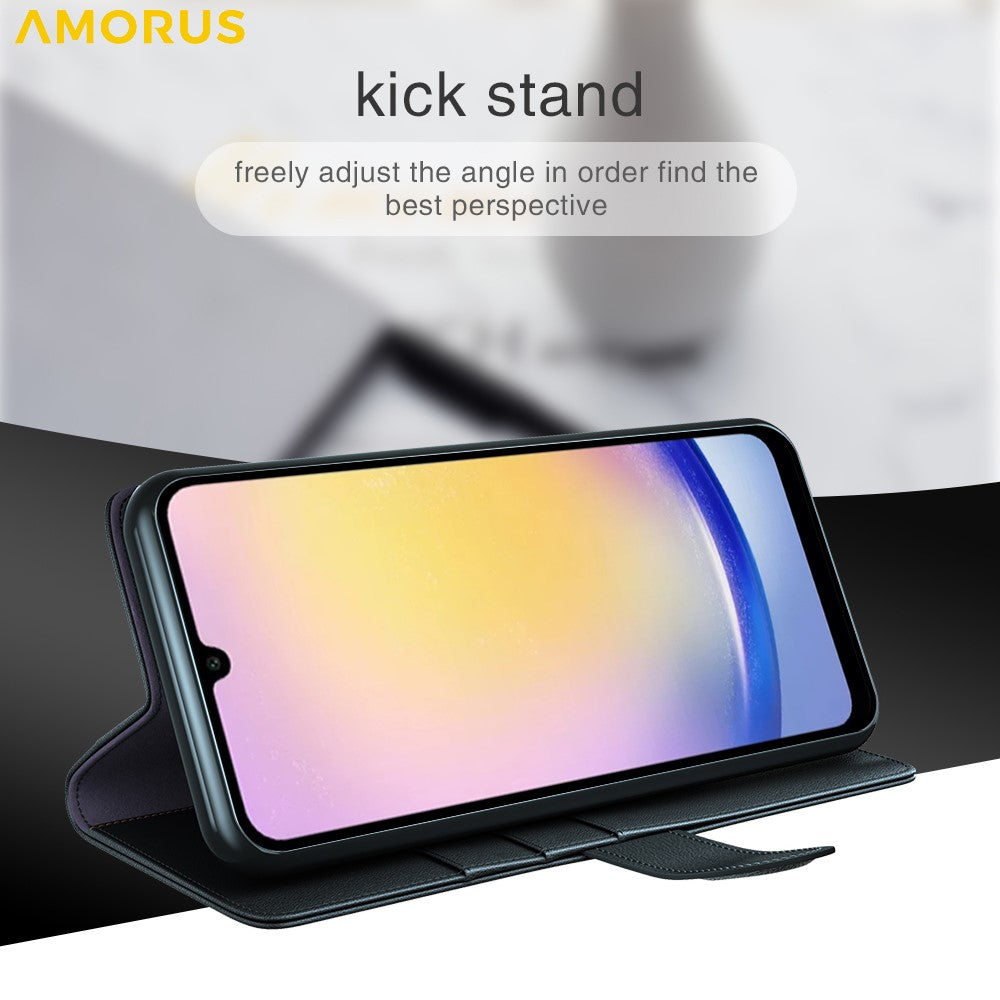 AMORUS For Samsung Galaxy S23 FE Stand Cases Calf Texture Genuine Split Leather Wallet Phone Cover