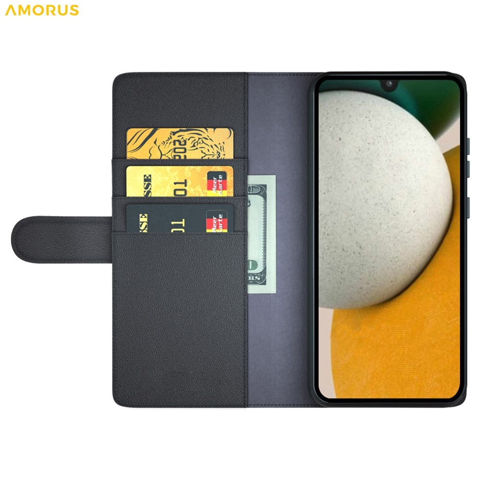 AMORUS til Samsung Galaxy A15 5G Stativetuier Kalveskind Tekstur Ægte Spaltlæder Pung Telefoncover