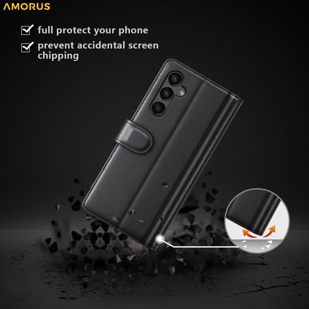 AMORUS til Samsung Galaxy A15 5G Stativetuier Kalveskind Tekstur Ægte Spaltlæder Pung Telefoncover