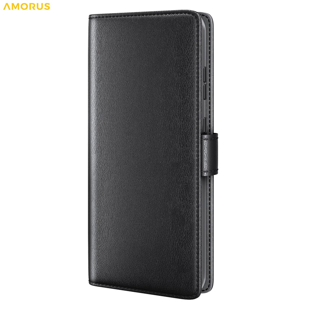 AMORUS til Samsung Galaxy A15 5G Stativetuier Kalveskind Tekstur Ægte Spaltlæder Pung Telefoncover