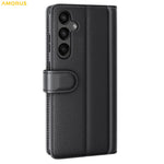 AMORUS til Samsung Galaxy A15 5G Stativetuier Kalveskind Tekstur Ægte Spaltlæder Pung Telefoncover