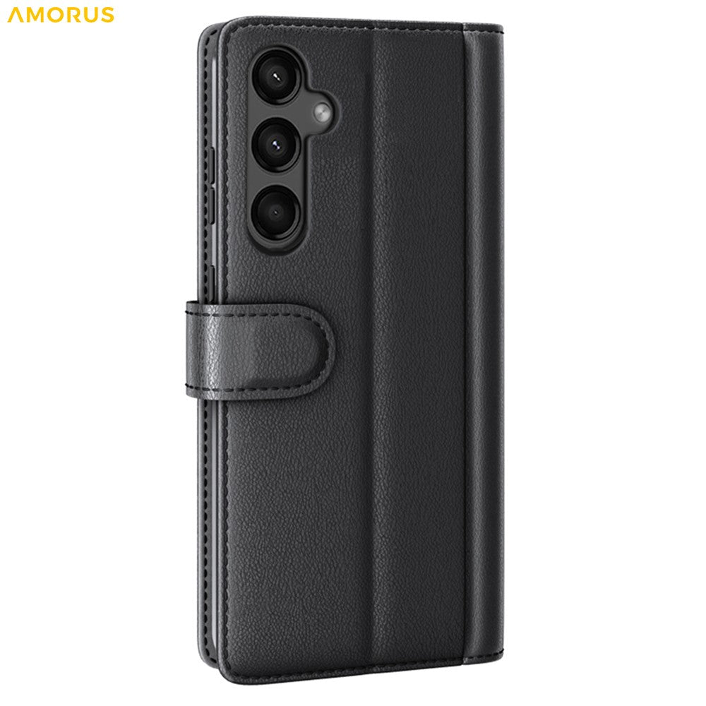 AMORUS til Samsung Galaxy A15 5G Stativetuier Kalveskind Tekstur Ægte Spaltlæder Pung Telefoncover