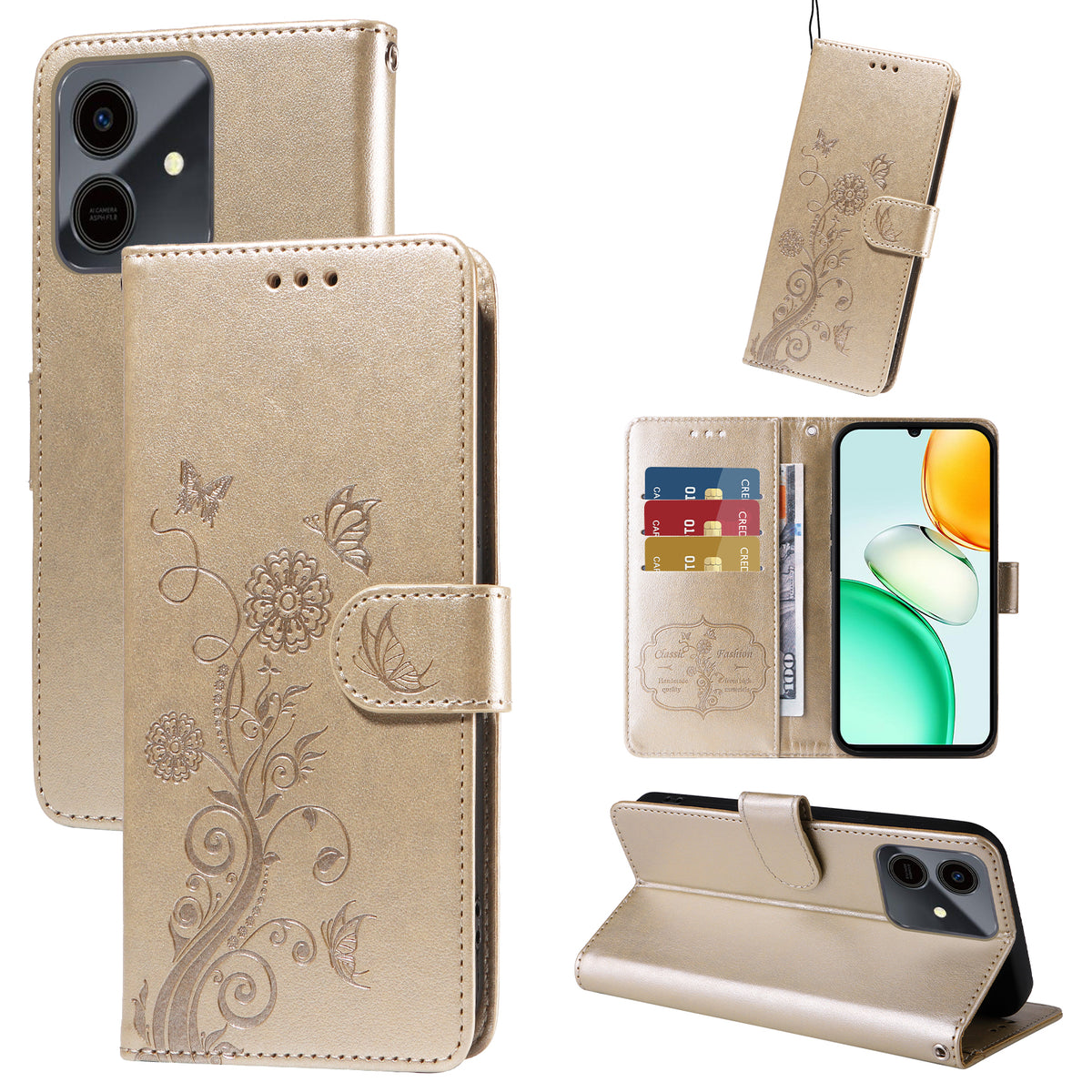 Til Honor Play10 4G Læder Cover Sommerfugle Blomsterpræg Tegnebog Stativ Cover