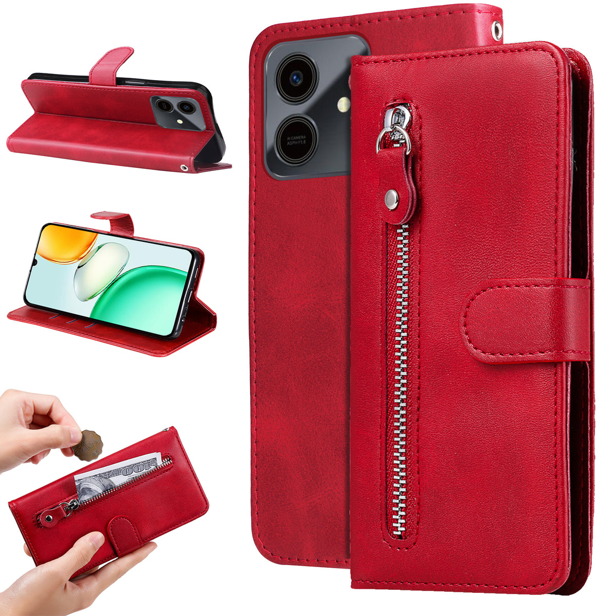 For Honor Play10 4G PU Leather Cases with Zipper Pocket Wallet Phone Cover Stand