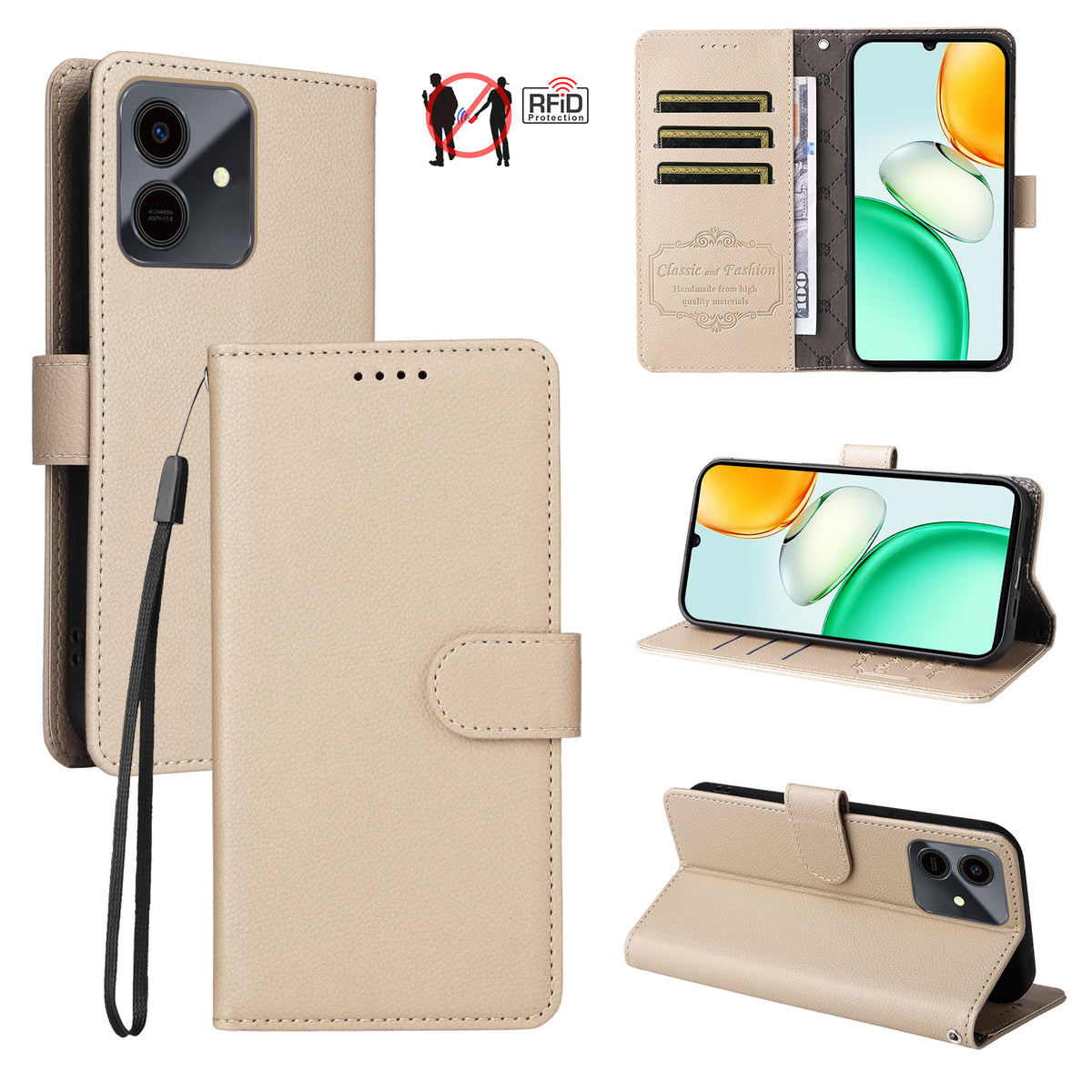 For Honor Play10 4G Case RFID Blocking 3 Card Slots PU Leather Phone Cover with Wrist Strap