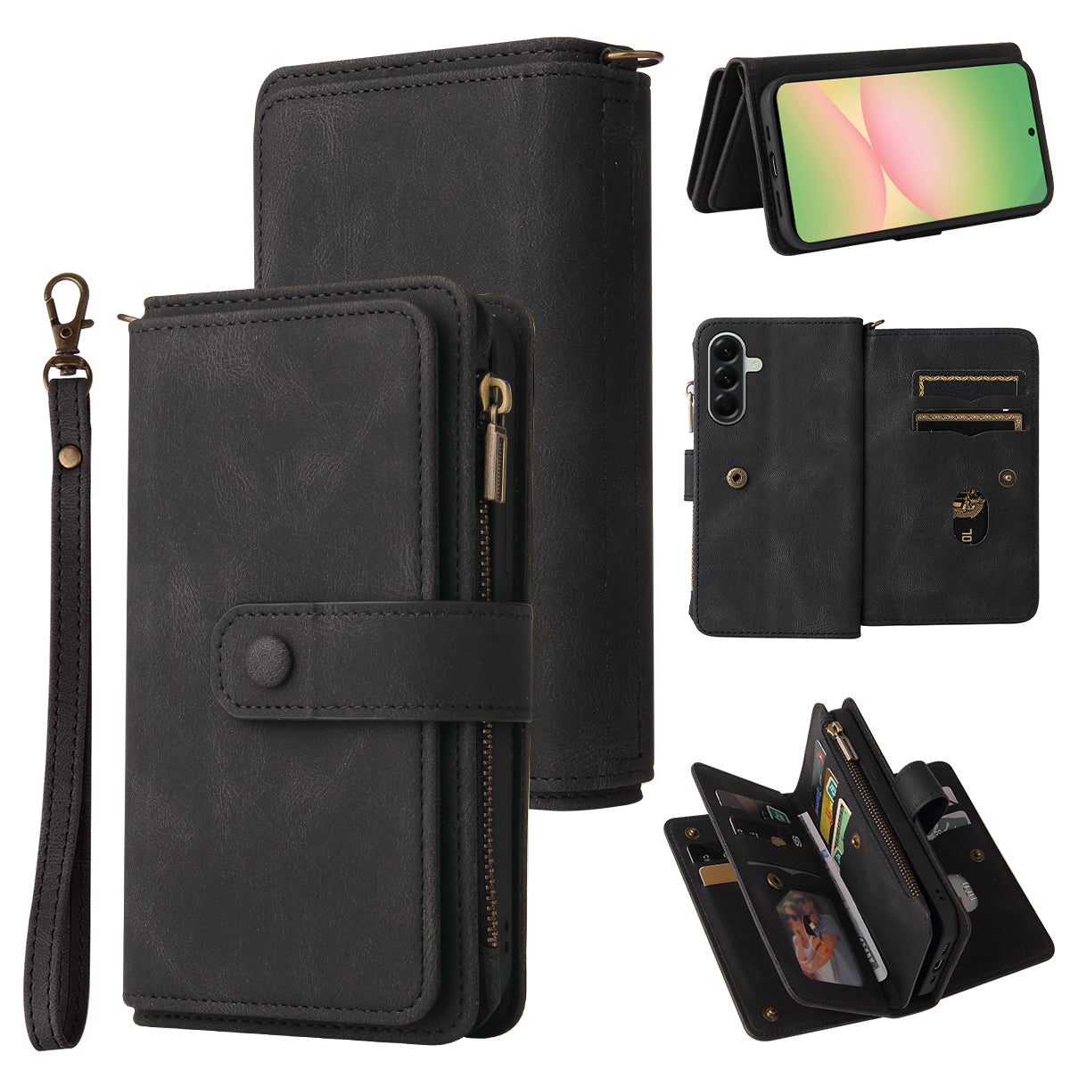 For Samsung Galaxy A57 5G Zipper Wallet Case with 15 Card Slots and Strap Leather Phone Cover