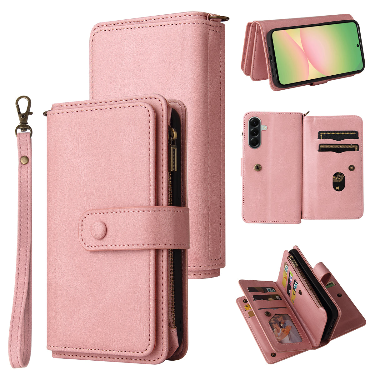 For Samsung Galaxy A57 5G Zipper Wallet Case with 15 Card Slots and Strap Leather Phone Cover