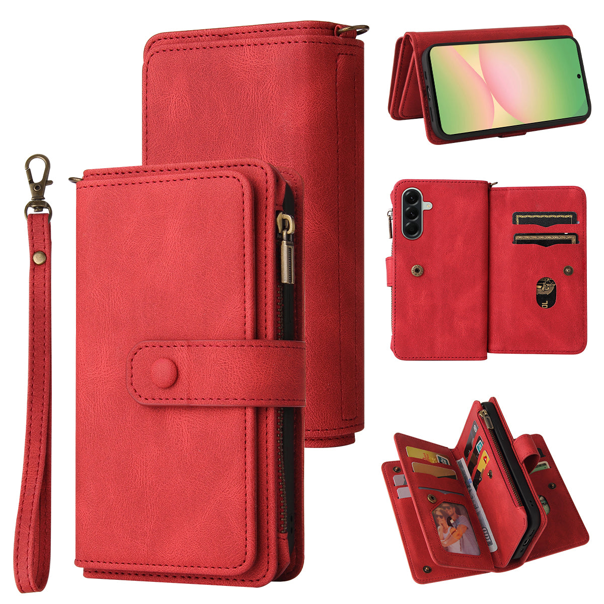 For Samsung Galaxy A57 5G Zipper Wallet Case with 15 Card Slots and Strap Leather Phone Cover