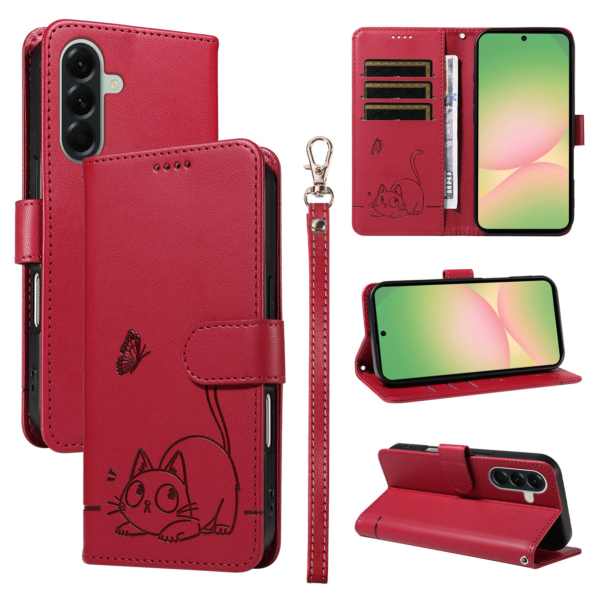 For Samsung Galaxy A57 5G Case Cat Pattern Imprint Leather Phone Cover with Wrist Strap