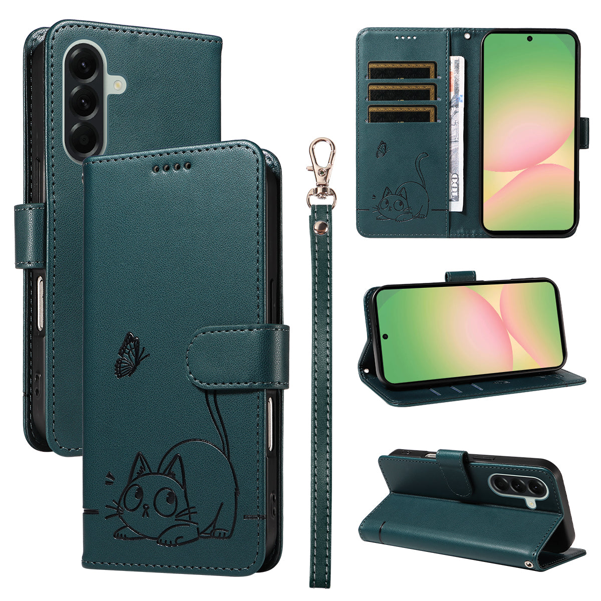 For Samsung Galaxy A57 5G Case Cat Pattern Imprint Leather Phone Cover with Wrist Strap