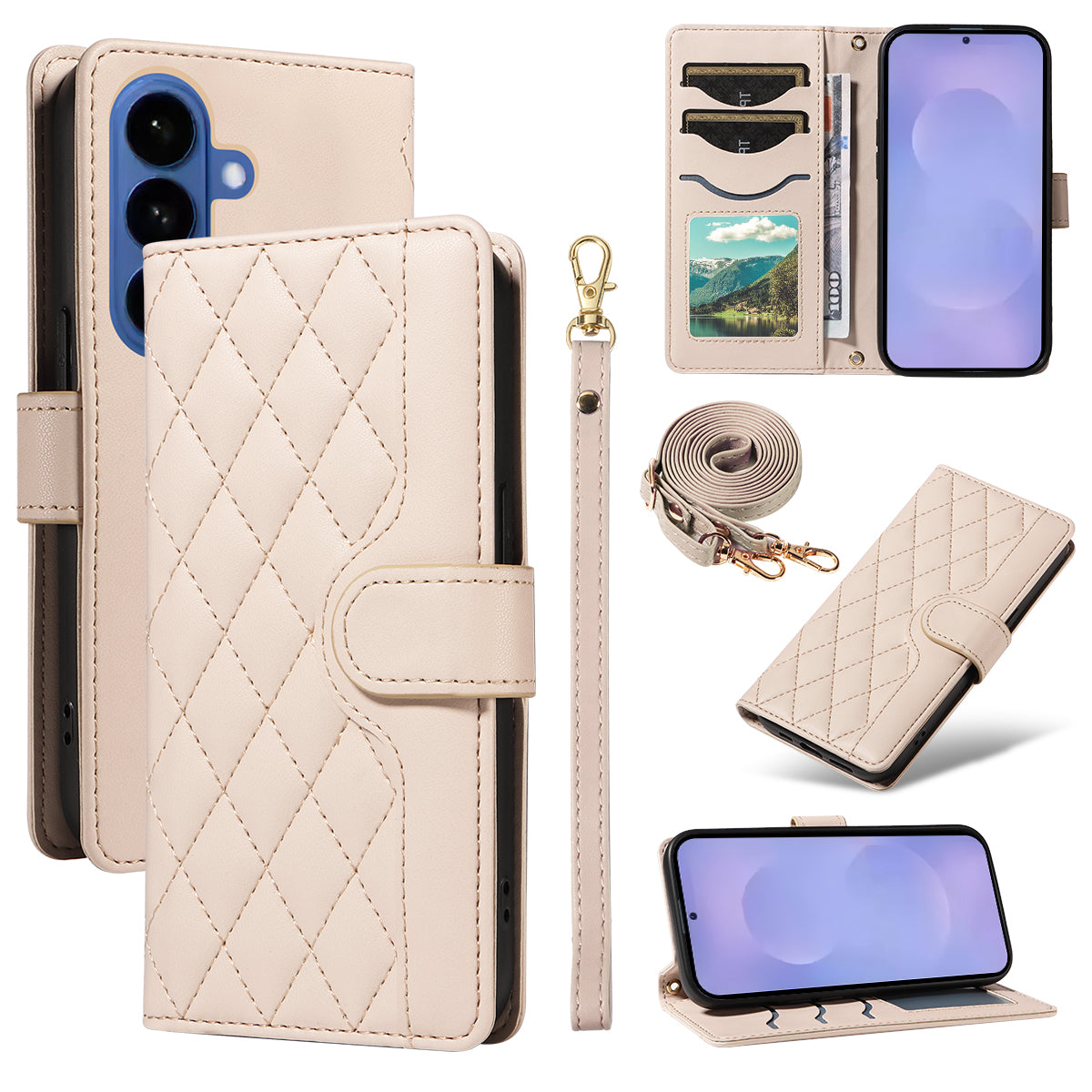 For Samsung Galaxy S26+ Wallet Case Rhombus Leather Phone Cover with Strap