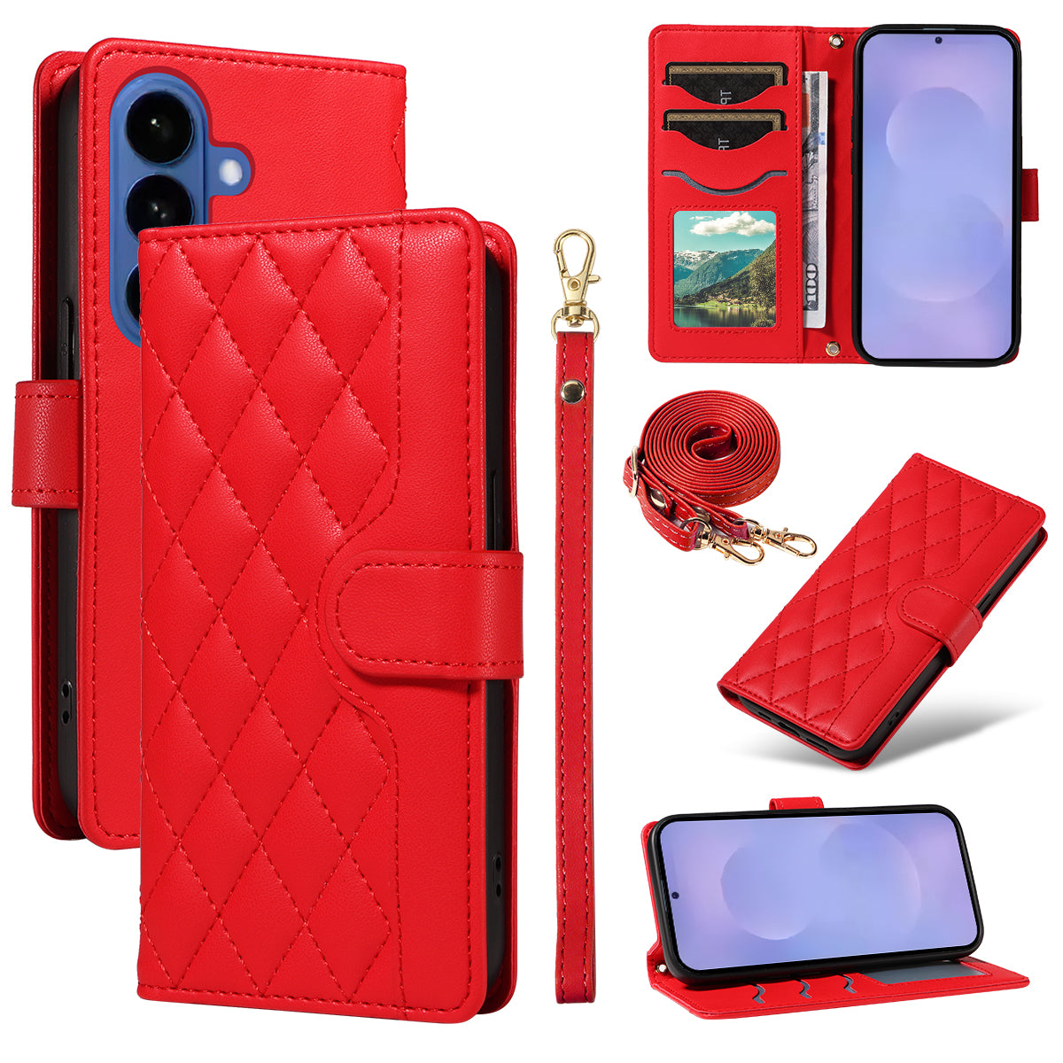 For Samsung Galaxy S26+ Wallet Case Rhombus Leather Phone Cover with Strap