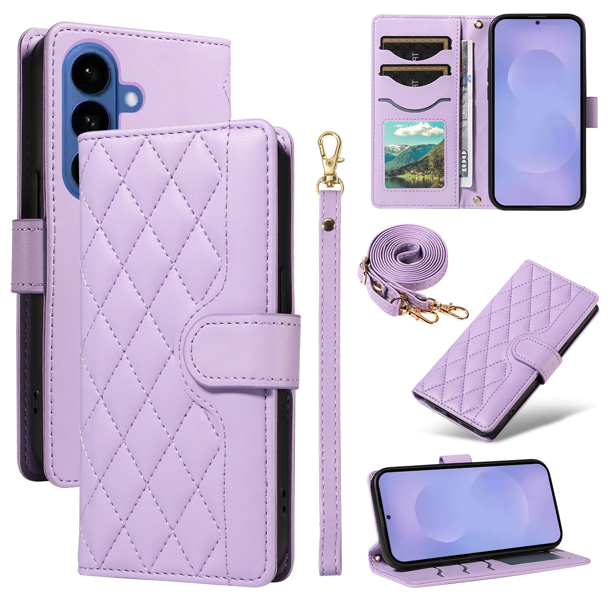 For Samsung Galaxy S26+ Wallet Case Rhombus Leather Phone Cover with Strap