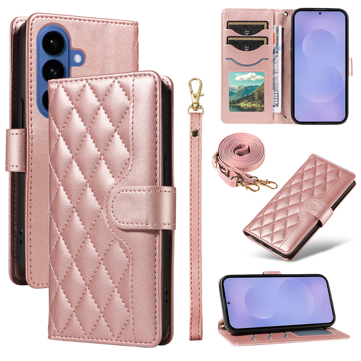 For Samsung Galaxy S26+ Wallet Case Rhombus Leather Phone Cover with Strap
