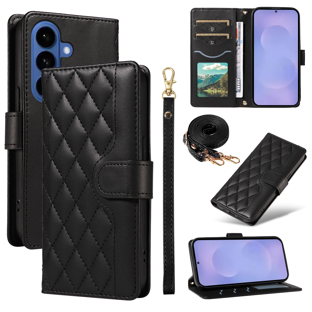 For Samsung Galaxy S26+ Wallet Case Rhombus Leather Phone Cover with Strap