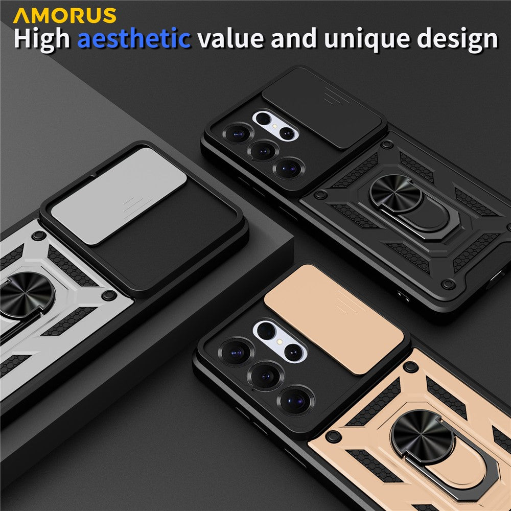 AMORUS-cover til Samsung Galaxy S26 Ultra, PC + TPU-mobilcover med stativ og kameralinsedæksel