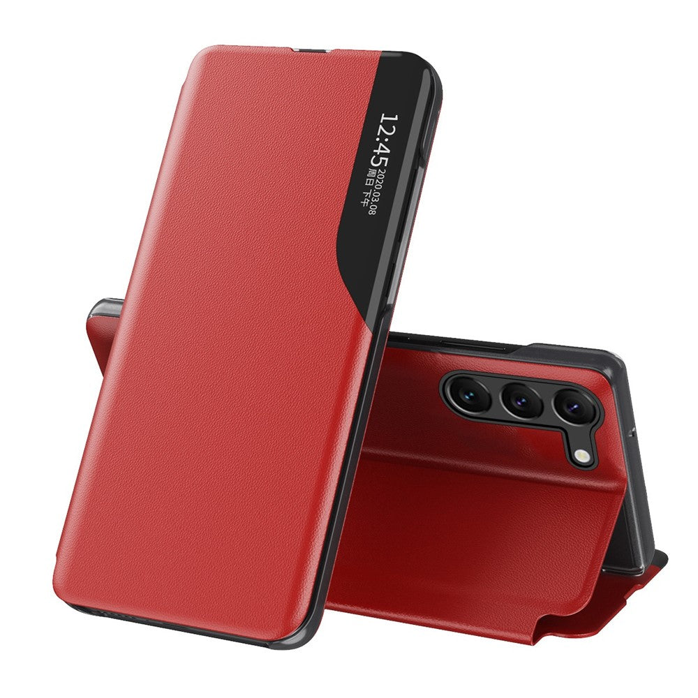 Stötsäkert fodral till Samsung Galaxy S23+ PU-läder, fällbart fodral med stativ, fallskydd, fönster och stativ
