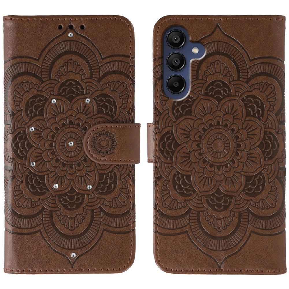 For Samsung Galaxy A37 5G Case Rhinestone Decor PU Leather Mandala Imprint Phone Cover with Wrist Strap