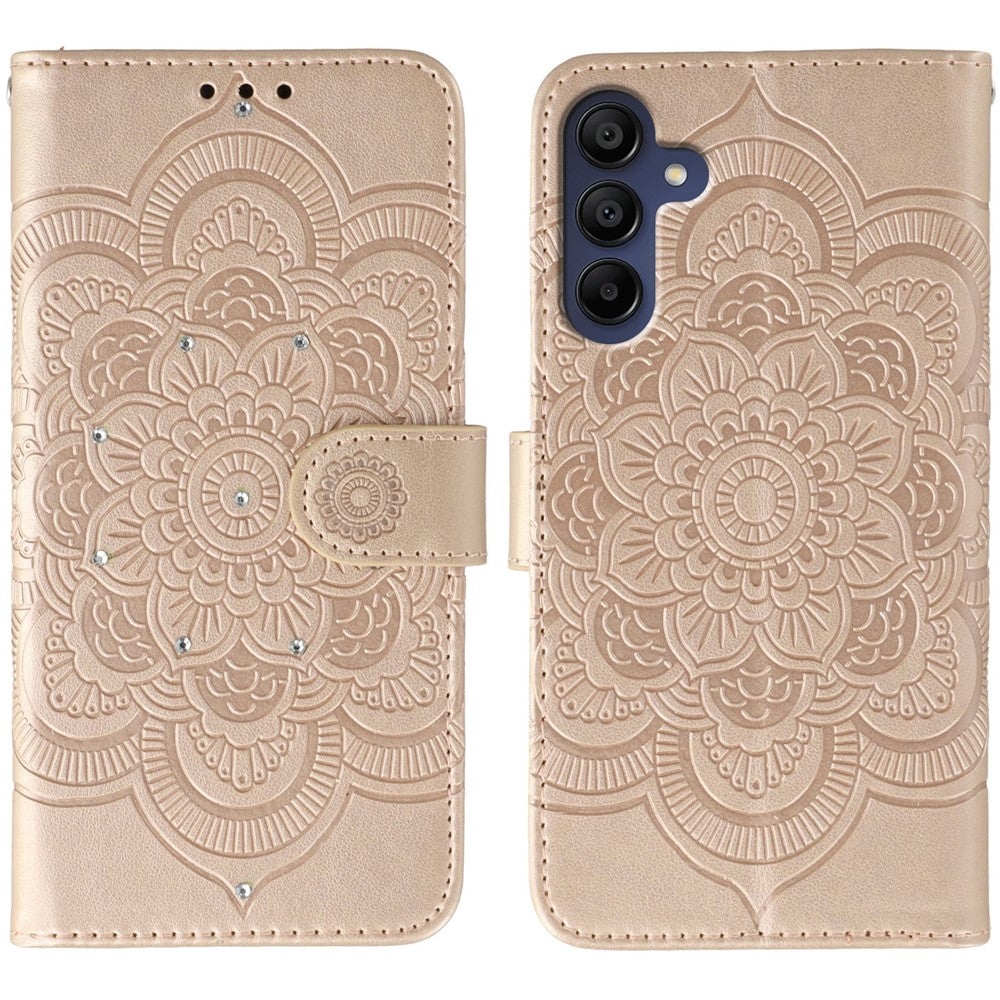 For Samsung Galaxy A37 5G Case Rhinestone Decor PU Leather Mandala Imprint Phone Cover with Wrist Strap