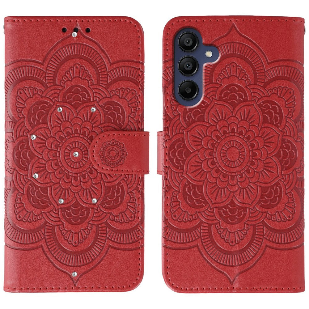 For Samsung Galaxy A37 5G Case Rhinestone Decor PU Leather Mandala Imprint Phone Cover with Wrist Strap