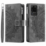 Samsung Galaxy S20 Ultra Mandala Blomma Präglat Blixtlåsficka Mobilskal PU Läder Stativskydd Flera Kortfackar Plånbok