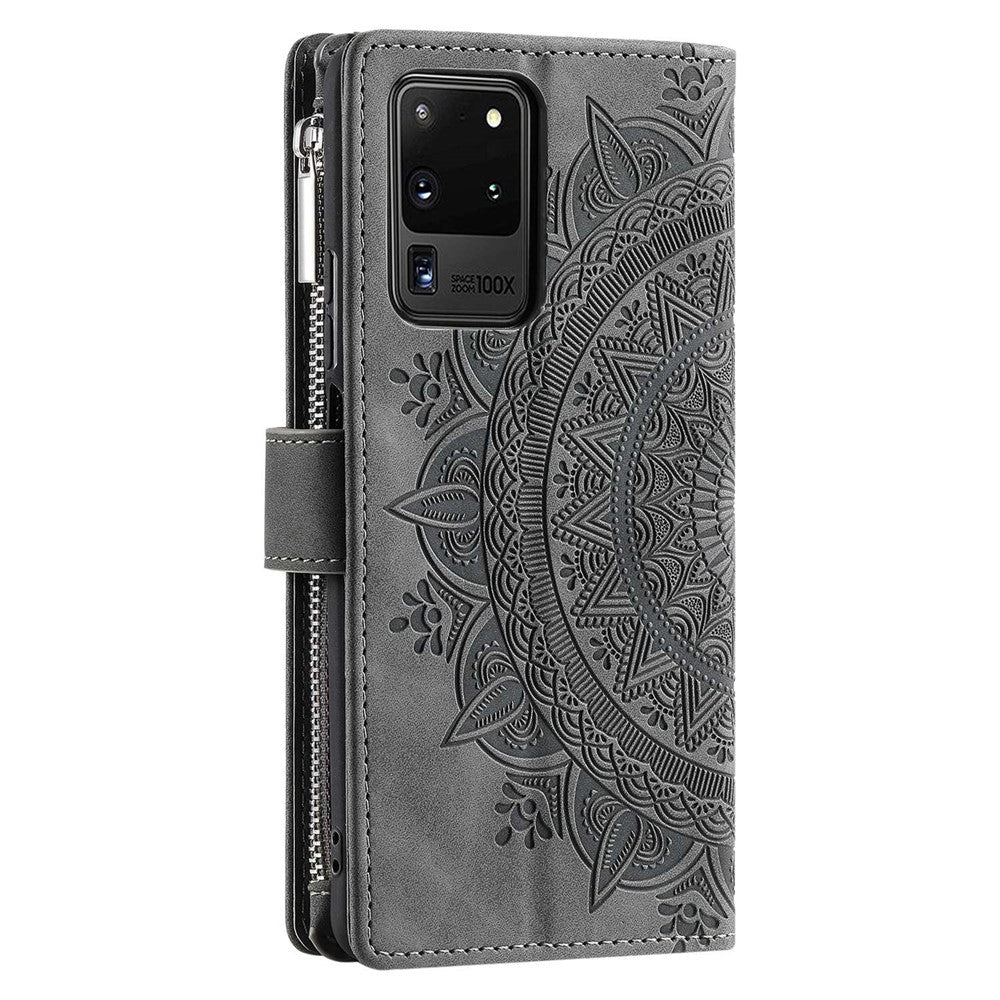 Samsung Galaxy S20 Ultra Mandala Blomma Präglat Blixtlåsficka Mobilskal PU Läder Stativskydd Flera Kortfackar Plånbok